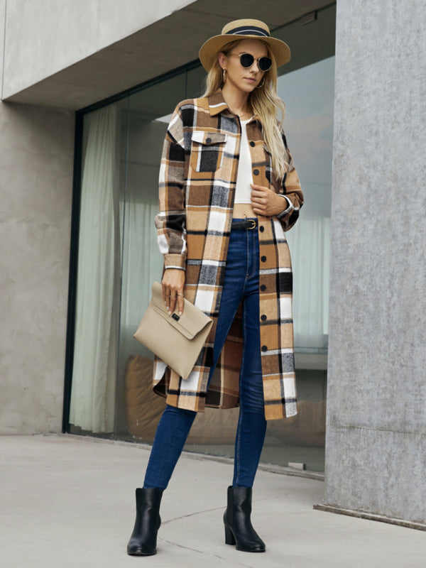 Plaid Button-Up Long Jacket with Flap Pockets