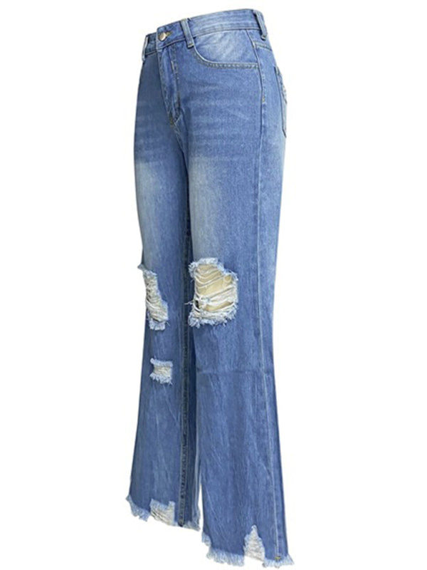 Women's tassel washed ripped wide leg jeans