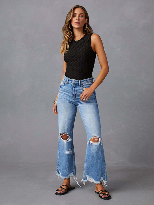 Women's tassel washed ripped wide leg jeans