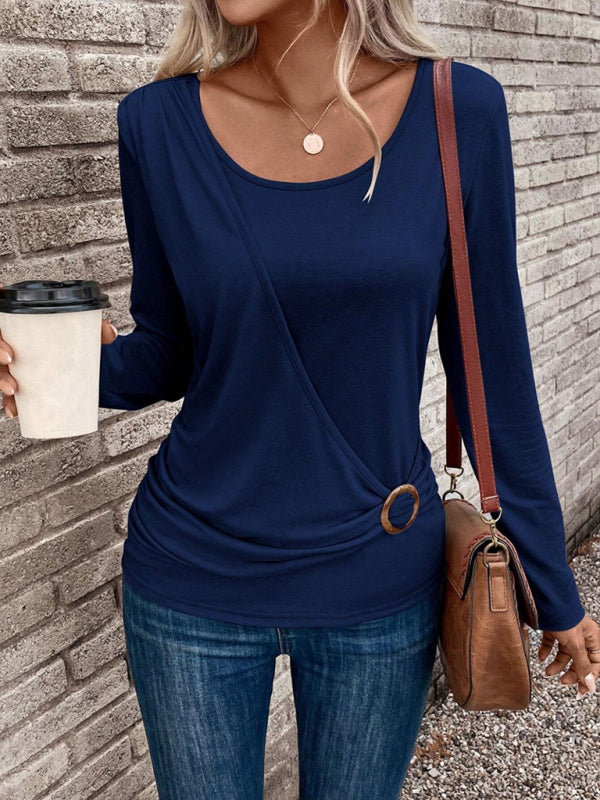 Round neck buckle pleated waist fashionable women's top