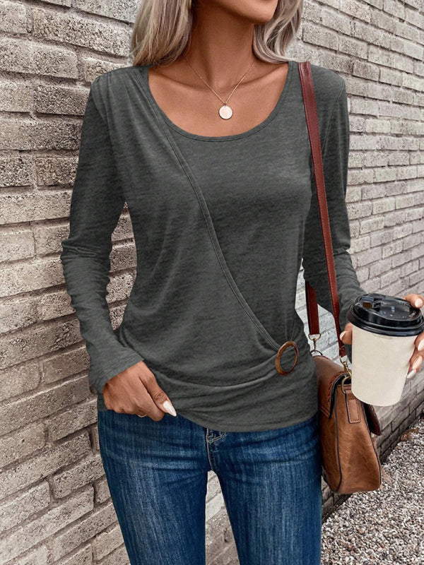 Round neck buckle pleated waist fashionable women's top