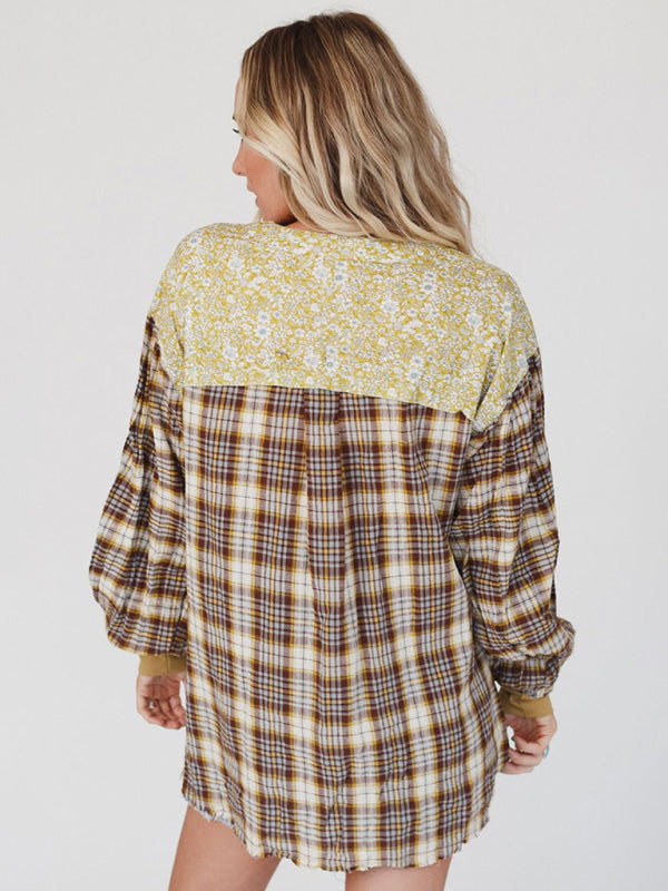 Women's round neck plaid printed loose long sleeve top