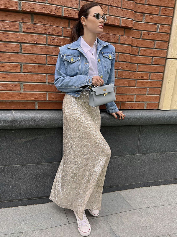 New women's long sleeve top long skirt sequin suit