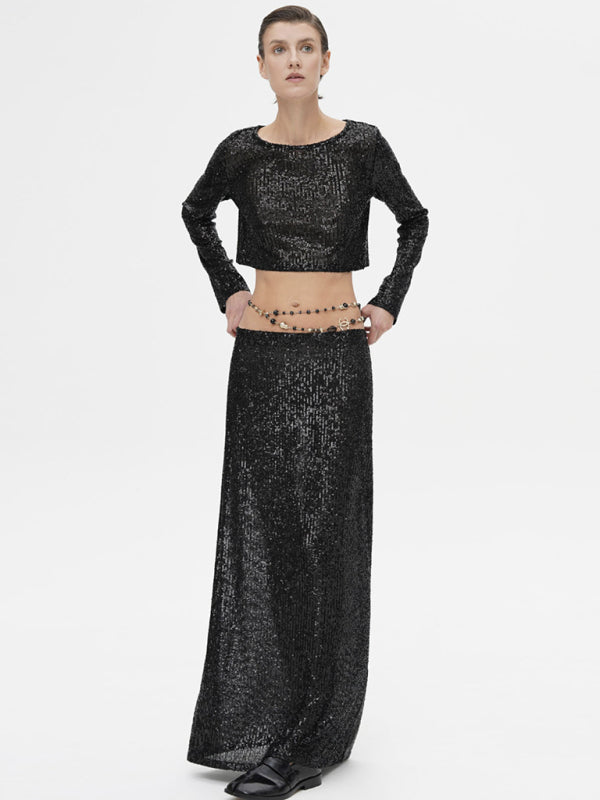 New women's long sleeve top long skirt sequin suit