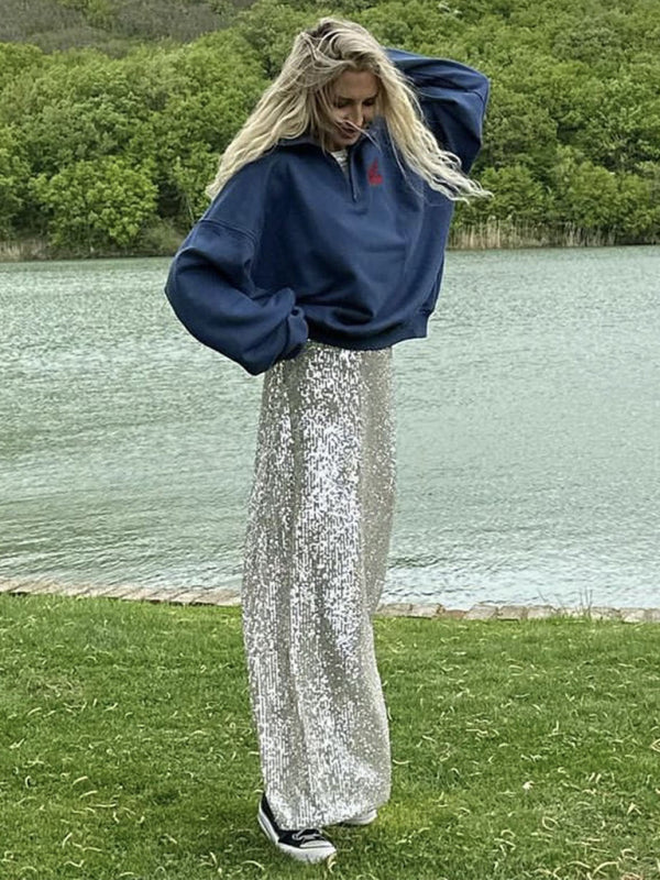 New women's long sleeve top long skirt sequin suit