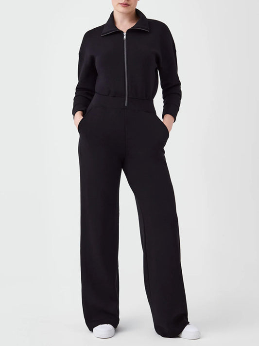 Women's long sleeve lapel zipper wide leg jumpsuit