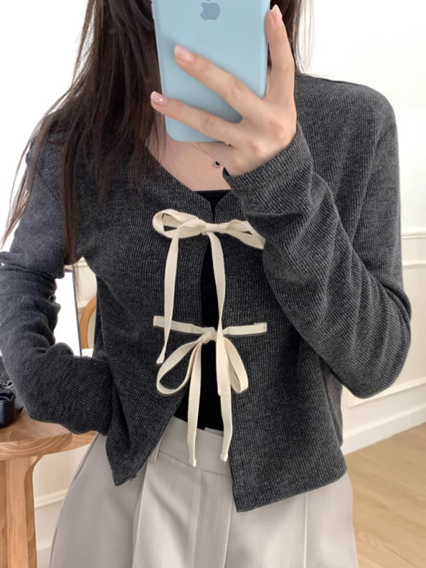 Women's new fashionable bow tie knitted cardigan top