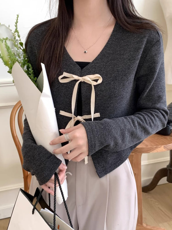 Women's new fashionable bow tie knitted cardigan top