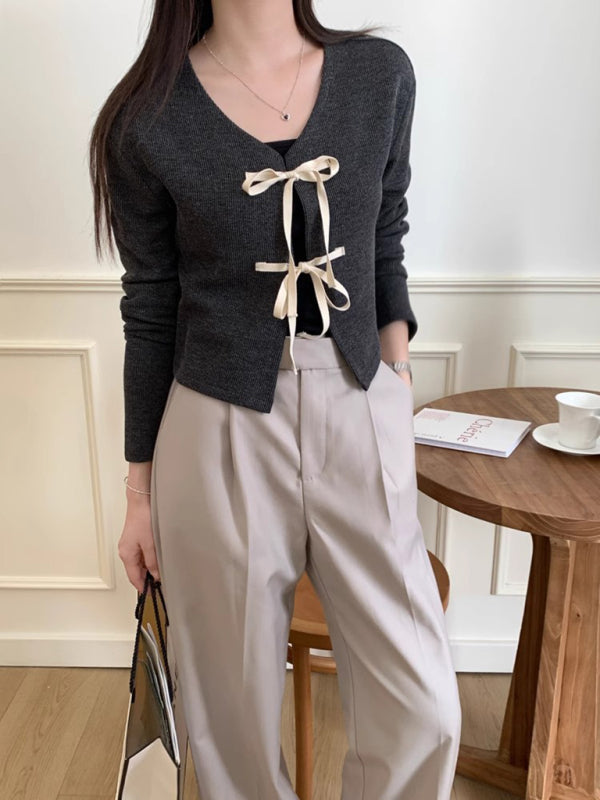Women's new fashionable bow tie knitted cardigan top