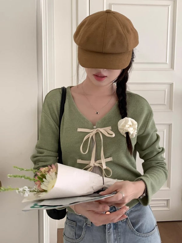 Women's new fashionable bow tie knitted cardigan top