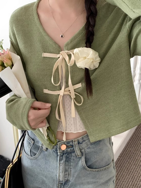 Women's new fashionable bow tie knitted cardigan top