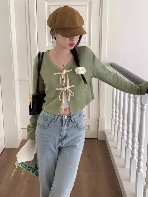 Women's new fashionable bow tie knitted cardigan top