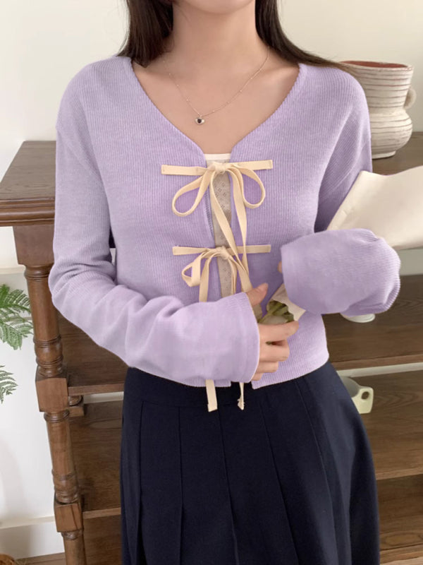 Women's new fashionable bow tie knitted cardigan top