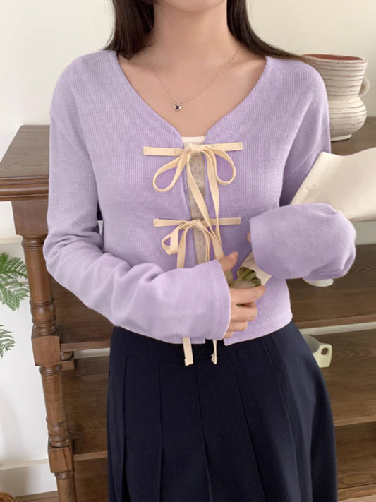 Women's new fashionable bow tie knitted cardigan top
