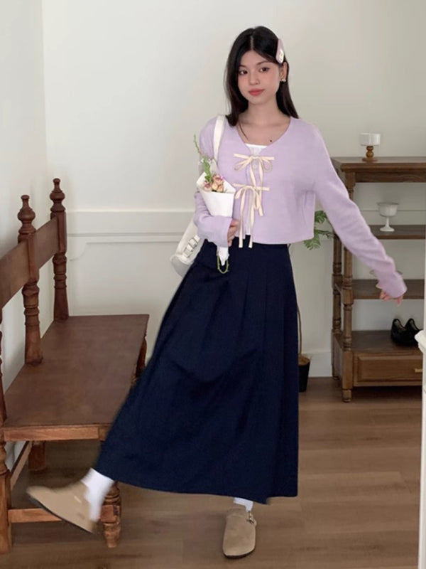 Women's new fashionable bow tie knitted cardigan top