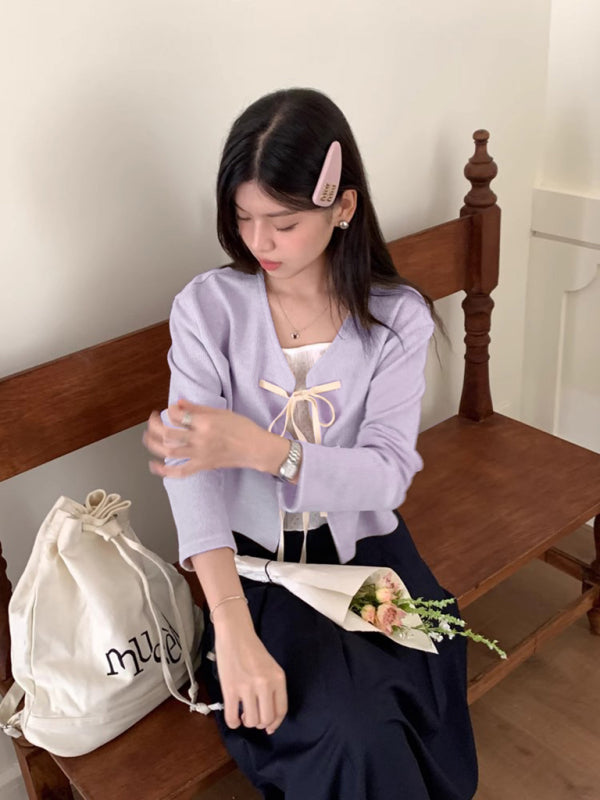 Women's new fashionable bow tie knitted cardigan top