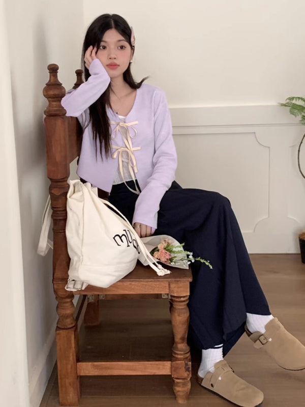 Women's new fashionable bow tie knitted cardigan top