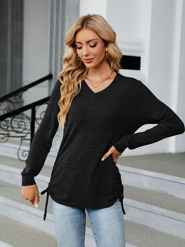 V-neck smocked solid color long-sleeved loose T-shirt top