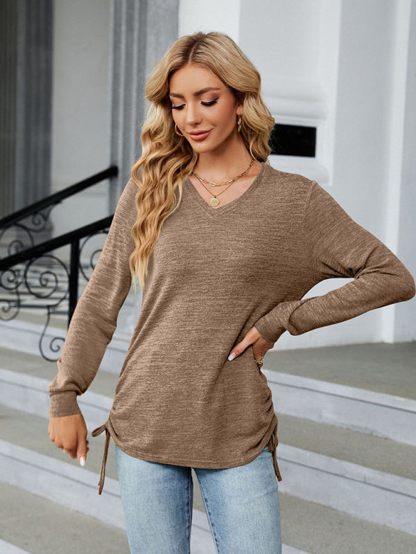 V-neck smocked solid color long-sleeved loose T-shirt top