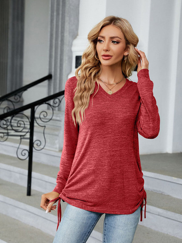 V-neck smocked solid color long-sleeved loose T-shirt top