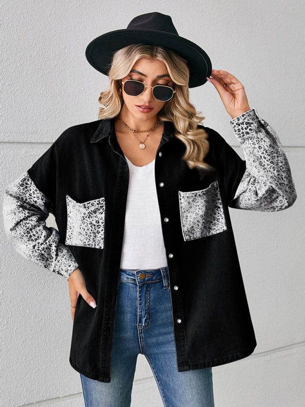 New loose leopard print patchwork denim shirt long sleeve top cardigan