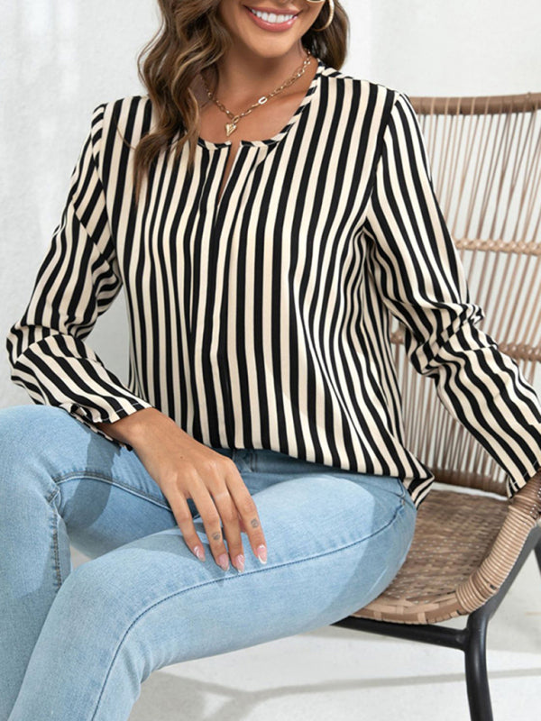 Women's Long Sleeve Round Neck Striped Print Top blouse