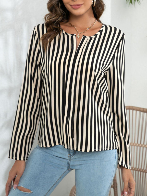 Women's Long Sleeve Round Neck Striped Print Top blouse