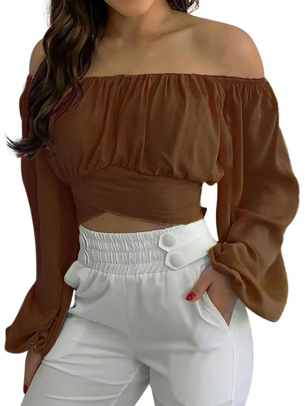 Women's off-shoulder cross strap long sleeve top