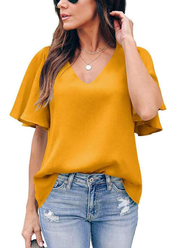 Women's loose V-neck ruffle sleeve casual top