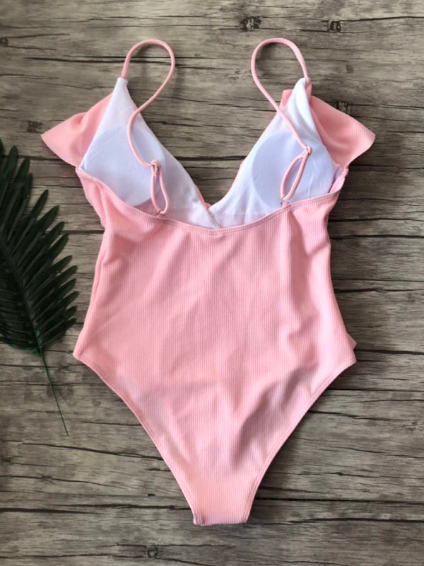 New bikini solid color one-piece ruffled sexy shoulder swimsuit