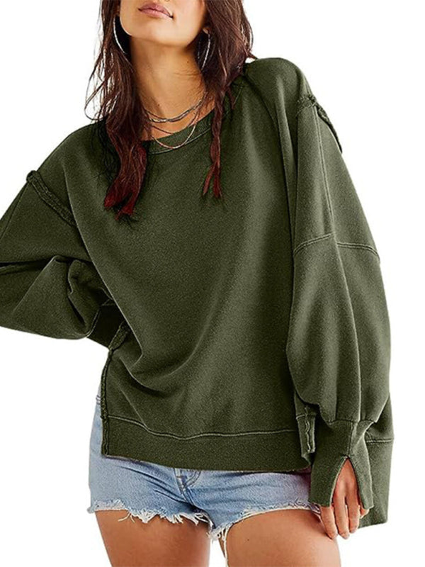 Women's round neck loose side slit long sleeve sweatshirt