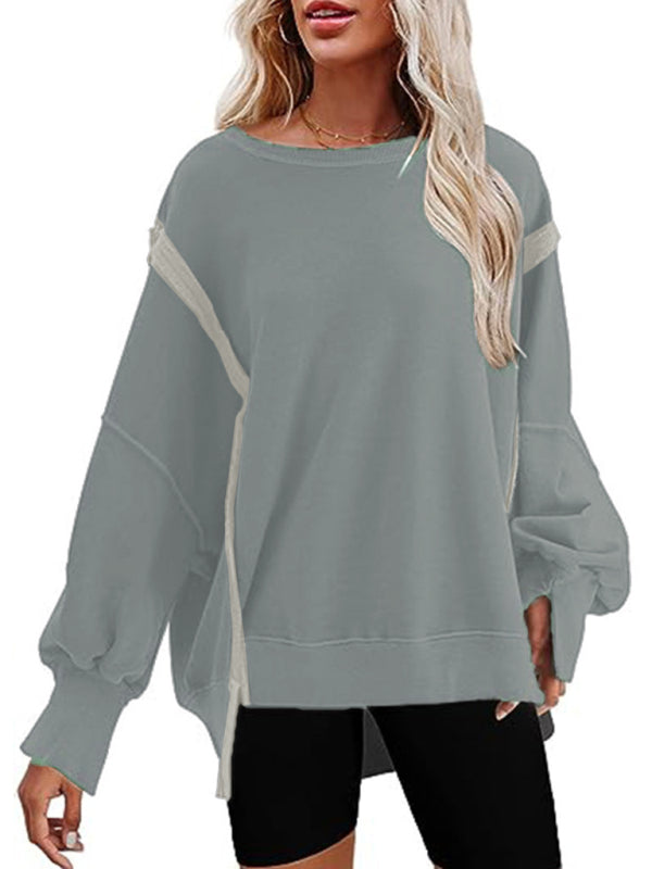 Women's round neck loose side slit long sleeve sweatshirt