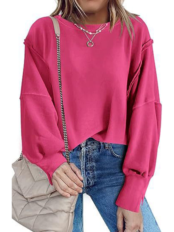 Women's round neck loose side slit long sleeve sweatshirt