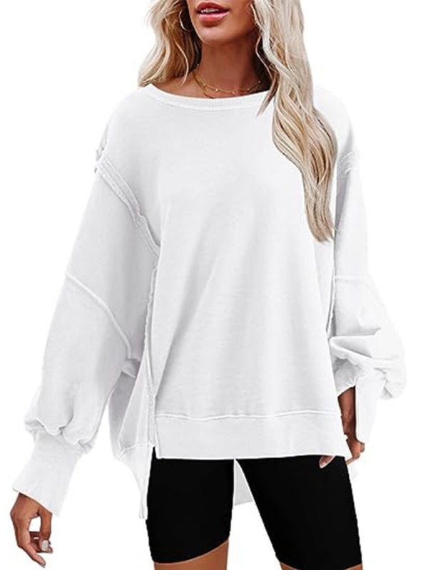 Women's round neck loose side slit long sleeve sweatshirt