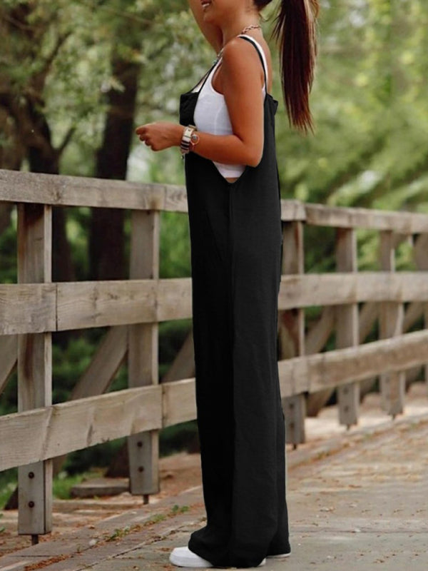 New women's solid color suspender jumpsuit wide leg pants