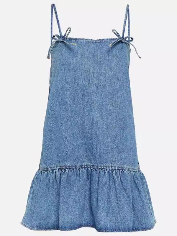 New women's bow strap denim short dress