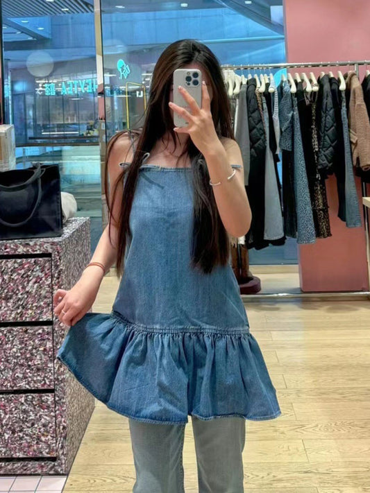 New women's bow strap denim short dress