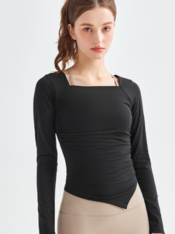 New square collar irregular hem sports long-sleeved quick-drying running fitness yoga clothing