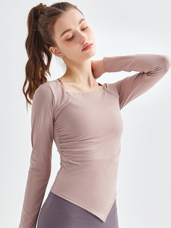 New square collar irregular hem sports long-sleeved quick-drying running fitness yoga clothing