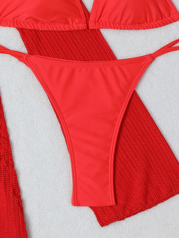 New mesh hollow drawstring swimsuit swimsuit bikini three-piece set