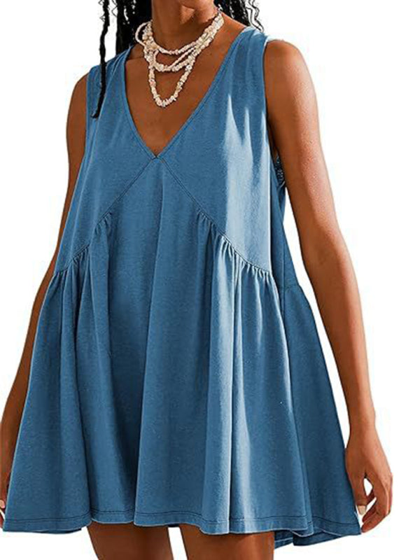 Women's suspender skirt V-neck sleeveless pleated vest pocket dress