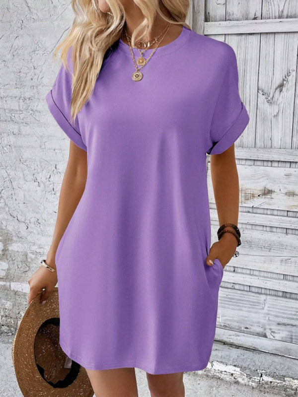 New spring and summer solid color round neck loose short sleeve pocket dress