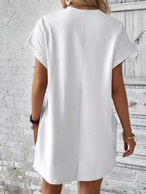 New spring and summer solid color round neck loose short sleeve pocket dress