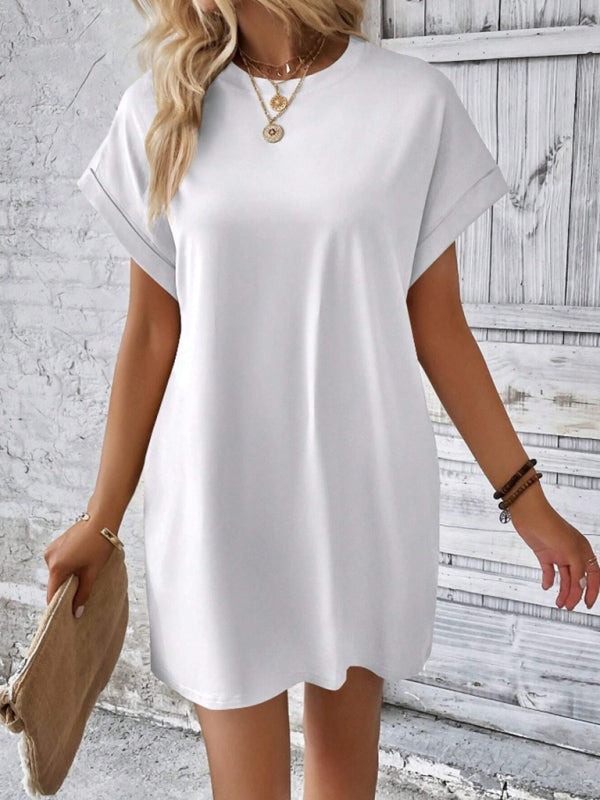 New spring and summer solid color round neck loose short sleeve pocket dress