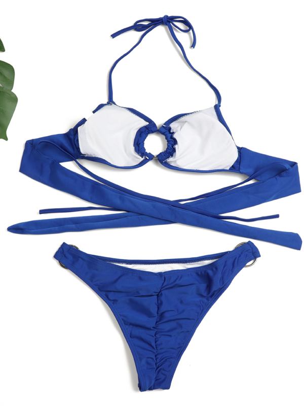 Women's Sexy Ring Two-Piece Swimsuit Solid Color Gathered Bikini