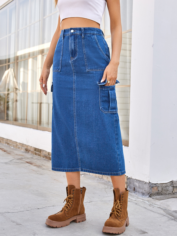 New casual washed workwear denim skirt