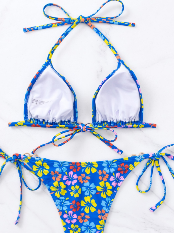 Triangle Cup Printed Lace-Up Sexy Bikini Swimsuit