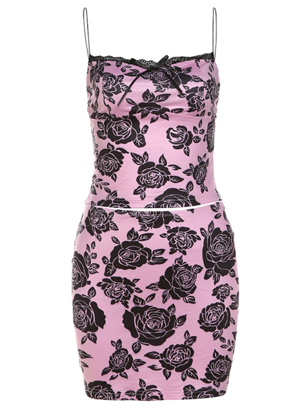 Women's new fashion rose print suspenders sexy slim hip skirt suit