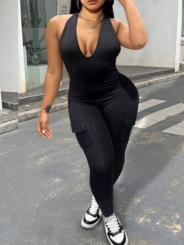 New women's sexy backless halter neck V-neck with pockets hip-lifting sports jumpsuit