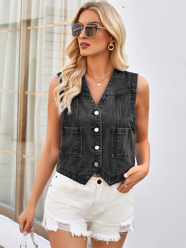 Ladies new washed slim collarless denim short vest